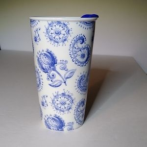 Porcelain White and Blue Paisley Floral.Travel mug with lid . Unbranded . Used